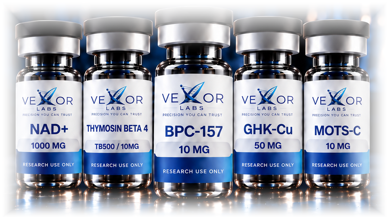 Vexor Labs research vials: NAD+, Thymosin Beta 4, BPC-157, GHK-Cu and MOTS-c